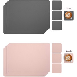 Myir JUN Leather Table Mats and Coasters, Dual-Sided Leather Placemats and Coasters Waterproof Placemats Place Mats Non-Slip Washable Table Mats (Gray Pink, Set of 4)