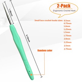 Mdoker 2PCS Small Size Crochet Hook Ergonomic Handle Crochet Hook Needles for Arthritic Hands,Thread Crochet Steel Lace Hooks Size 0.5mm