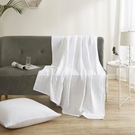 PHF Cotton Muslin Blanket, 130 x 150 cm, Skin-Friendly & Breathable Bedspread, All-Year Comfort, White Sofa Throw, Couch Blanket for Bed, Sofa, White