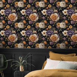 Erfoni 16.9" x197" Vintage Floral and Leaf Wallpaper Dark Peel and Stick Wallpaper Botanical Flower Self Adhesive Contact Paper DIY Removable Wall Paper for Home Wall Drawer Liner Covering