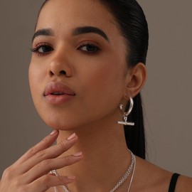 LeCalla 925 Sterling Silver T-Bar Dangle Hoop Earrings for Women | T Bar Pendant Hoop Earrings | Silver C-Hoop Earring with T Bar 43MM