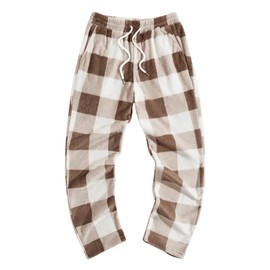 Verdusa Men's Flannel Buffalo Plaid Pajama Pants Fuzzy Pj Pants with Pockets Brown Large