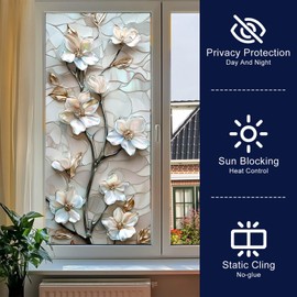 BlissYard Magnolia Flower Window Film Floral Window Privacy Film Glass Privacy Decals Living Room Sun Blocking Decor Removable Static Cling Stickers 17.71x39.97 inch