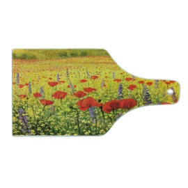 Ambesonne Flower Cutting Board, A Colorful Field with Poppies Yellow Flowers Lavendar Farmland Hills Scenery, Decorative Tempered Glass Cutting and Serving Board, Wine Bottle Shape, Yellow Red Green