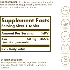Solgar Zinc 50 mg, 100 Tablets - Zinc for Healthy Skin, Taste & Vision EXP 3/27