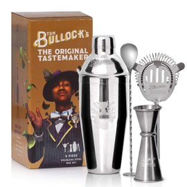 5 pc. Cocktail Shaker Bar Set by Tom Bullock's, The Original Tastemaker: 25 oz Stainless Steel Shaker, Double Measuring Jigger, Stirrer/Mixer Spoon, Strainer and Ice Tongs. Become The Ideal Bartender!