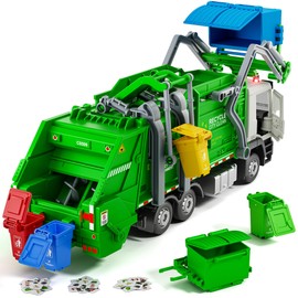 Yewkou Garbage Truck Toy, Friction Powered Recycling Vehicles with Lights & Sounds, Includes 2 Dumpsters, 4 Trash Bins, 60 Garbage Sorting Cards, Great Gift for Boys Girls Kids Age 3 Years and Up