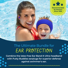 Earvolution Ear Band-It Ultra Premium Swimming Headband and Swimmers Ear Plugs Bundle - Invented by Ear, Nose, and Throat Physician - Made in The USA - Custom Anti-Slip Grip Neoprene - Blue - Medium