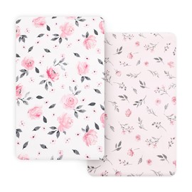 PHF Soft Mini Crib Sheet Set, 2 Pack Silky Comfy Pack N Play Sheets for Girls, Universal Fit for Pack N Play, Playard and Mini Crib Mattresses, Pink Floral