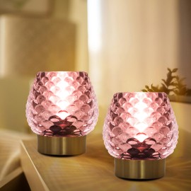 Ecleng 2 Pack Small Battery Operated Lamp with Timer,Cordless Glass Battery Powered Lamp with LED Bulb for Small Spaces,Decorative for Bedroom/Bathroom/Kitchen/Dining/Living Room,Pink