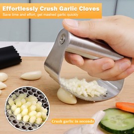 FATUXZ 3 Pieces Garlic Press Rocker Set, Stainless Steel Garlic Mincer Garlic Crusher, Garlic Chopper with Silicone Garlic Peeler Skin Remover Roller, Garlic Smasher Garlic Presses Dishwasher Safe