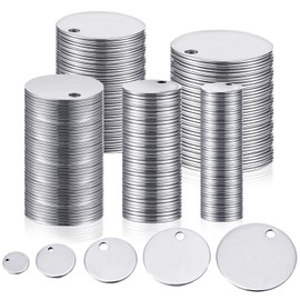 Blulu 100 Pcs Mix Size Metal Stamping Blanks Round Stainless Steel Blank Tags with Hole Metal Dog Tags Polished Coins for Engraving with Key Rings for Bracelet(Silver)