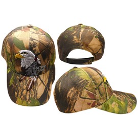 Native Pride Bald Eagle Feather Green Shadow Real Tree Camouflage Camo Polyester Cotton Blend Adjustable Embroidered Baseball Ball Cap Hat