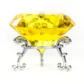 F-ber Yellow 60mm (2.36") K9 Crystal Faceted Cut Glass Giant Diamond Paperweight w/Silver Stand Wedding Favor Home Decor