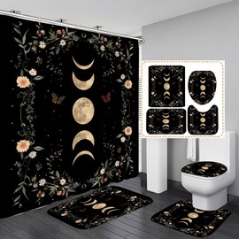 Emwnodti 4 Pcs Bathroom Sets for Moon Phase Shower Curtain, Floral Gothic Mysticism Shower Curtain with Non-Slip Rug Toilet Lid Cover and Bath Mat, Waterproof Bathroom Accessory with 12 Hook, 72"x72"