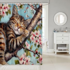Castle Fairy - Cortina de ducha con diseño de gato Kawaii, diseño de animales salvajes, para niños, adultos, bonito gatito, cortina de baño de flores de cerezo, cortinas impermeables para decoración