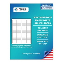 Premium Label Supply Waterproof White Return Address Sticker Labels – 1.75" x 0.5" – Inkjet Printers Only – (80 per Sheet), 10 Sheets - 800 Total Adhesive Labels