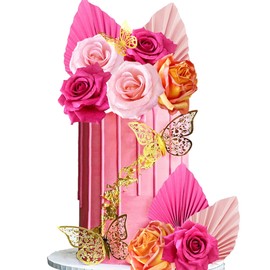 Decoración para tarta de estilo bohemio natural, flores rosas artificiales, hojas de eucalipto, flores secas para decoración de tartas para bodas, baby shower (rosa)