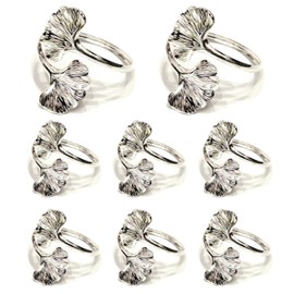 Climple Leaf Napkin Rings Set of 8 - Ginkgo Biloba Leaf Silver Napkin Rings - Elegant Decorative Silver Napkin Rings Holder Buckles for Fall, Holiday, Thanksgiving Dining Table