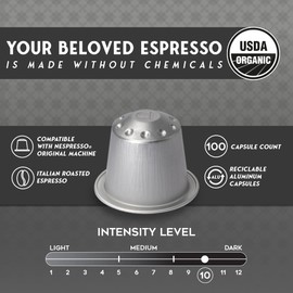 ESPRESSORO 100 USDA Organic Espresso Pods - BIANCO Aluminum Capsule Compatible with Nespresso Original Lines Machines. Intensity 10 Premium Italian Expresso Coffee Capsules