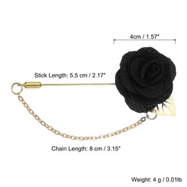 QUARKZMAN Lapel Pin for Men, Size:1.57 Inch Fabric Alloy Rose Flower Needlesuit Lapel Pin with Gold Leaf & Embellishment/Tassel Chain Brooch for Groom Wedding 1 Piece Black