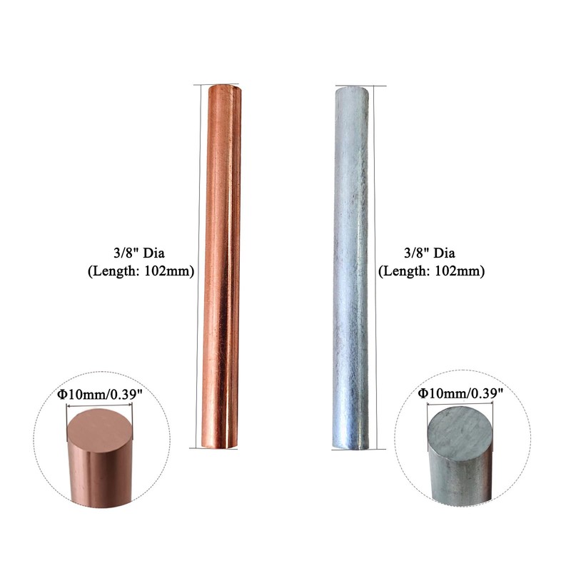 2PCS 99.995% Pure Copper Zinc Rods 3/8"(10mm) Dia 4"(102mm) Length
