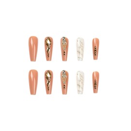 JUSTOTRY Pack of 24 Coffin Nails for Sticking, Long, French Artificial Nails with Rhinestone, Ballerina Artificial Nails, Press on Nails with Nail Glue, Fingernails, Fake Nails, Short for Women
