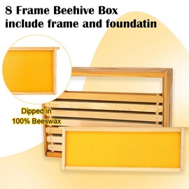 POLLIBEE 8 Frame Medium Super Bee Box, Assemble Bee Hive Box, Dipped in 100% Beeswax, Include Beehive Frames and Bee Hive Foundation