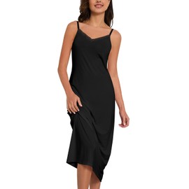 TAIPOVE Black Full Slip Dress V Neck Lace Trim Satin Nightie for Women Silky Sleepwear Adjustable Spaghetti Straps