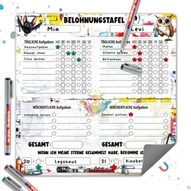 TOBJA Children's Magnetic Reward Board - Graffiti Design with Owl & Bat - For 2 Children - With 4 Pens - Daily & Weekly Tasks - 30 x 30 cm - Wipe Clean