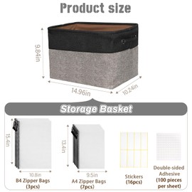 Bfttlity Board Game Storage Include Storage Basket and 10 Zipper Bags Board Game Organizer with DIY Stickers and Double-Sided Adhesive Dots for Travel, Office and Home Organization (Dark Gray)