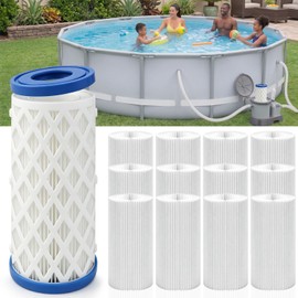 SWIMMORY Universal 12Pack Pool Filter Cartridge Type A/C/III, 2.01" Inner, 7.87" Height, 70+2 Pleats, 5 Sq.ft Filtration, Reusable Replacement for 28604 58384 58387 59900E Above Ground Pool Pumps