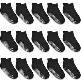 ARERWA Stopper Socks Children's Non-Slip Socks 15 Pairs ABS Non-Slip Socks Children Non-Slip Socks for 1-7 Years Toddlers Boys Girls, 02 Black