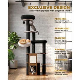 Purrlato 63" Modern Cat Tree Tower for Indoor Cats, Heavy Duty Cat Trees for Large Cat, Adult Maine Coon Cat Tree Tower with Scratching Post, Extra Large Top Perch, Cat Condos, Jet Black