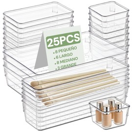 25PCS Organizadores de Cajones de Plástico Transparente, Organizador de Maquillaje Apilables en 4 Tamaños Diferentes, Organizadores de Acrilico para  