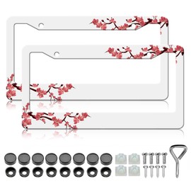 HCSS 2PCS Cherry Blossom License Plate Frames,Pink Beautiful Floral Flowers Aluminum Metal License Plate Holder Cover,Rust-Proof Waterproof Car Decorative Tag Frames for Standard US 12x6 Inch