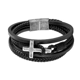 REchoLI Cross Bracelet for Man Black/Brown/Blue Braided Leather Bracelet with Stainless Steel Silver Cross Charm Stylish Christian Jewelry (Black)