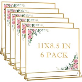 Cptoion 6 Pack Acrylic Sign Holders with Golden Border,11x 8.5 Horizontal Acrylic Sign Holder,Clear Picture Frames,Double Sided Table Menu Holders for Wedding Table Number Office Desktop Photos Display