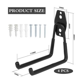 Knpwer Pack of 4 Garage Hooks, Garage Storage Double Hooks, Wall Hooks, Heavy Duty Wall Mount Tool Holder for Bulk Goods, Bicycles (11.3 x 12.8 cm, Black)