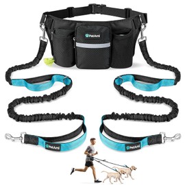 PetAmi - Correa de perro con manos libres para 2 perros, correa ajustable para caminar perros, riñonera, bolsa de accesorios para correr, senderismo, trotar, ciclismo, color negro