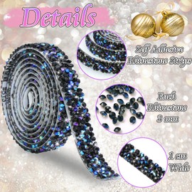 FULZTEY 4 Rolls Crystal Rhinestone Ribbon,Black AB Gems Rhinestone Strips for Crafts,1 CM Wide Self Adhesive Rhinestones Sticker,4 Yards Diamond Ribbon Strips for Clothes Wedding Parties Decorations