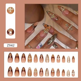 Almond Press on Nails Medium Length Fake Nails 3D Glue on Nails Cross＆rhinestone Stick on Nails French False Nails Gradient Acrylic Nails Leopard Print Artificial Nails Glossy Nails for Women Girl