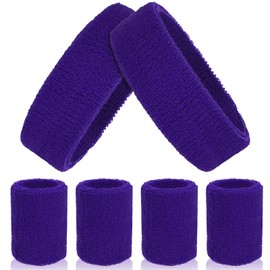 ASTER 6Pieces Purple Sweatband Set, Sports Headband Wristband Set, Including 2Pcs Sports Headband and 4Pcs Sweat Wristband, Moisture Wicking Absorbing Purple Sweat Band for Men and Women