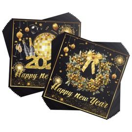 40Pcs Happy New Year Napkins, Black and Gold Napkins 33x33cm Happy New Year Eve Table Decorations Serviette Happy New Year Cocktail Napkins for 2025 New Years Eve Party Supplies Table Decoration