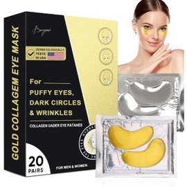 Máscara de Ojos, Parches para Ojos de 20 Pares, Máscaras de Colágeno de 24K en Polvo de Oro, Elimina Bolsas, Antienvejecimiento, Reducir Círculos Oscuros, Suaviza las Patas de Gallo y las Líneas Finas