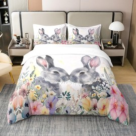 Homemissing Cute Rabbit Bedding Set Double Size Kids Easter Theme Comforter Cover Set for Boys Girls Teens Couple Bunnies 100% Cotton Duvet Cover Cartoon Bunny Floral Print Bedspread Cover Room Decor