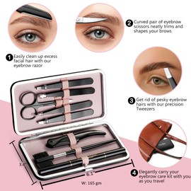 Exquisite 8-in-1 Eyebrow Kit for Women & Men – Luxury Eyebrow Grooming Kit with 4 Precision Tweezers For Eyebrows, Eyebrow Razor, Eyebrow Scissors, Eyebrow Brush/Comb & Pencil with Padded Case