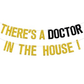 Banner de The House con texto en inglés "There a Doctor in The House", felicitaciones doctor/futuro doctor, suministros de decoración de fiesta de graduación de la universidad médica 2024, purpurina
