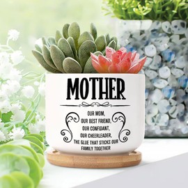 DecStic Mother's Day Planters Ceramic Bible Verse Round Flower Pots with Drainage Holes and Bamboo Tray Pot for Outdoor Garden Home Plant