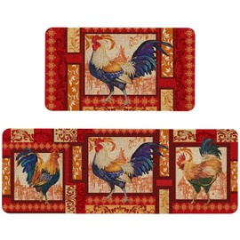 Kuyuayee Farmhouse Rooster Kitchen Rugs Set of 2 Non-Slip Farm Rooster Kitchen Mats Rustic Home Decor Low Profile Washable Floor Mat 17x47 Inch and 17x29 Inch